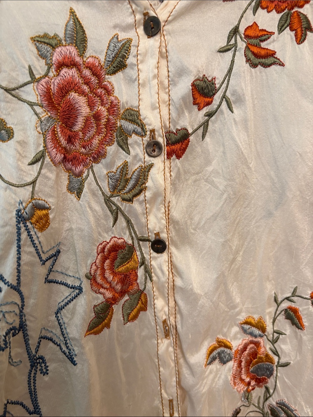 Johnny Was Embroidered Floral Button-Up Blouse - Cream 100% Silk - Picture 4 of 6
